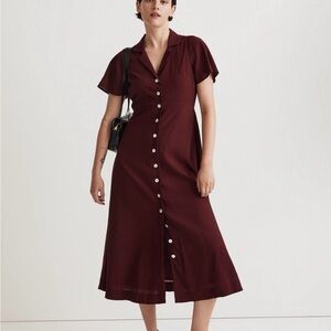 Madewell Crinkle Cotton Button-Front Midi Dress in Cabernet